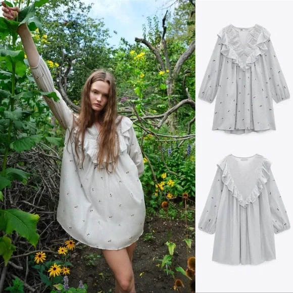 ZARA BOHO FLORAL EMBROIDERED DRESS